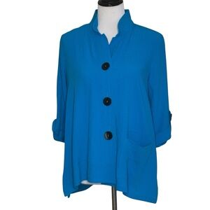 Ali Miles Blue Lagenlook Top Art To Wear Button Up Tunic Blouse Sz Petite Small